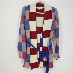 ModCloth Plaid Open Front Belted Cardigan Sweater Size 1X Red Blue Cream Cotton
